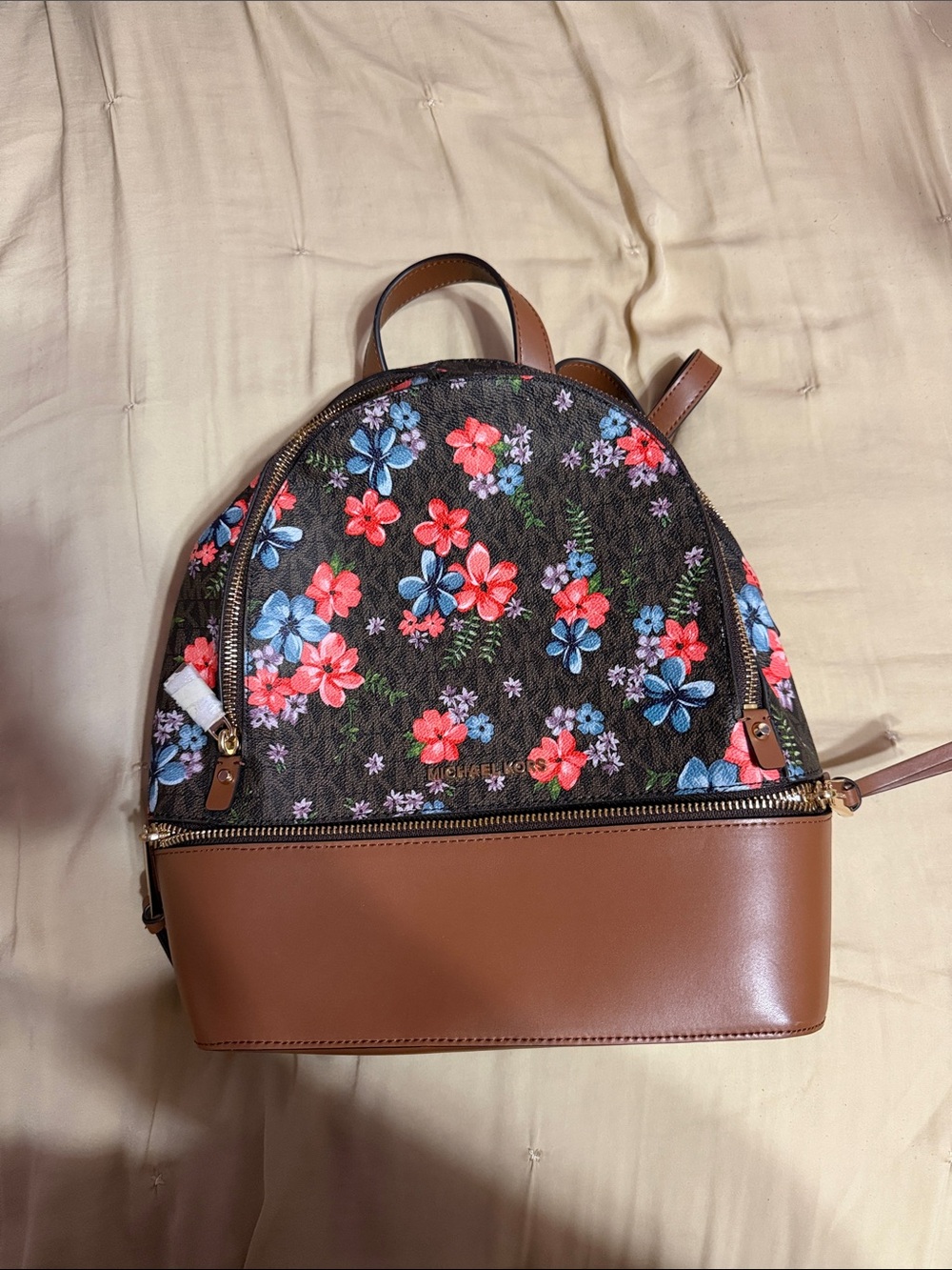 Michael Kors Brown Floral Leather-Trim Mini Backpack